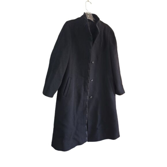 Vtg MARCONA Luxury Black Wool Trench Coat Sz 40 Hidden Button LARGE Office Siren - Picture 3 of 13
